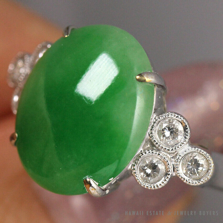GIA Certified Translucent Green Jade 0.30ctw Diamond 18K White Gold Ring Sz 8.5 - Image 5