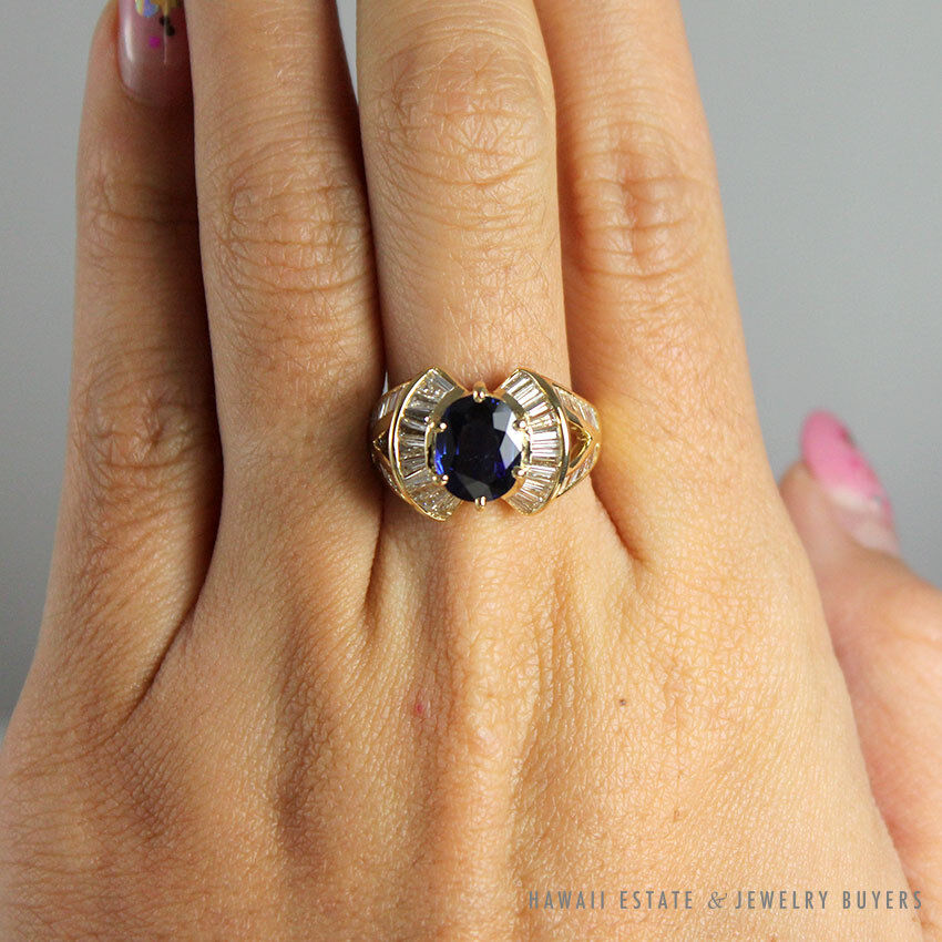 Le Vian Oval Blue Sapphire Baguette Diamond 18K Yellow Gold Ring Size 6.5 - Image 9