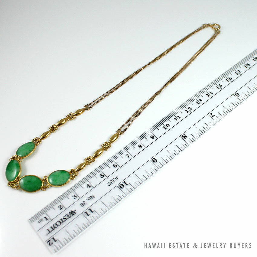 Vintage Natural Apple Green Jade Cabochon 14K 22K Yellow Gold Necklace w/ Paper - Image 12