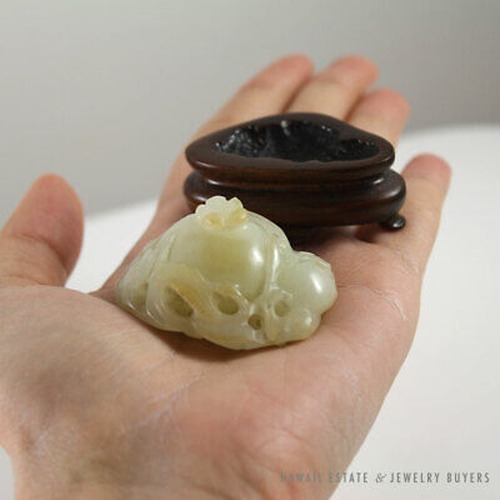 White Jade Openwork Fruit & Foliage Carving with Fitted Wood Stand - Image 4