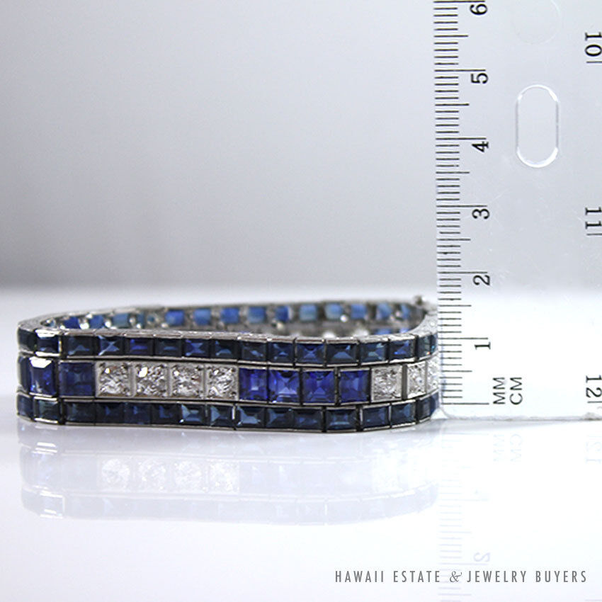 Art Deco Natural Sapphire & Old European Cut Diamond Platinum Bracelet 6.75 Inch - Image 9