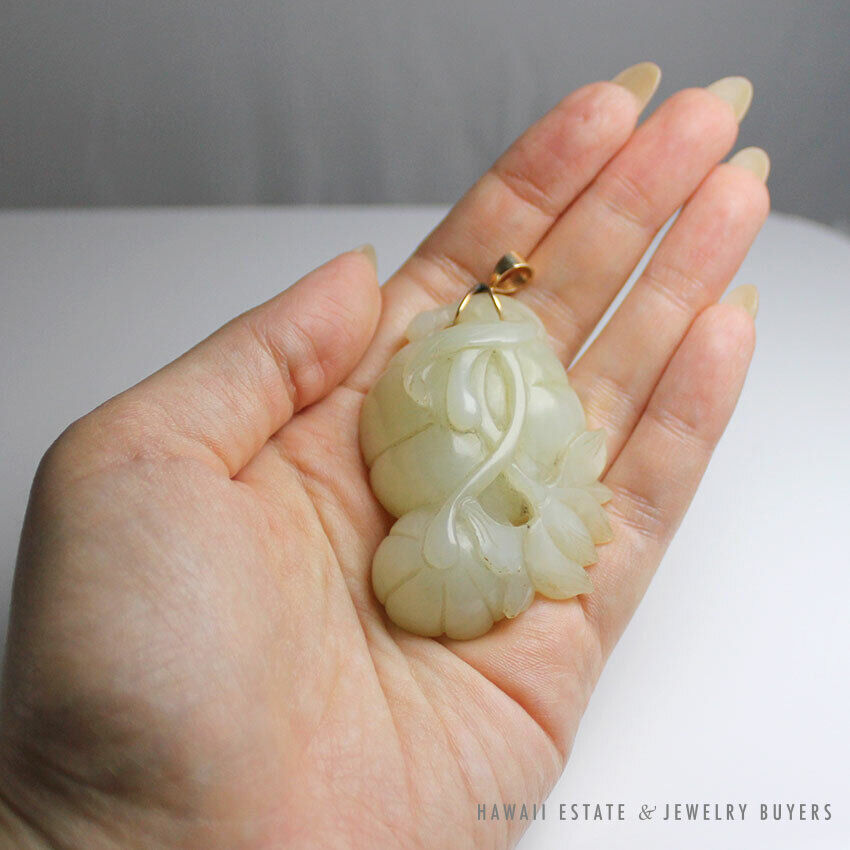 Carved Mutton Fat White Jade Openwork Pumpkins Pendant with 14K Yellow Gold Bail - Image 7