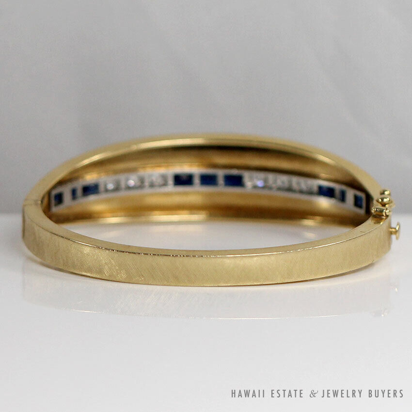 Natural Sapphire & Diamond 14K Yellow Gold & Platinum Hinged Bangle - Image 7
