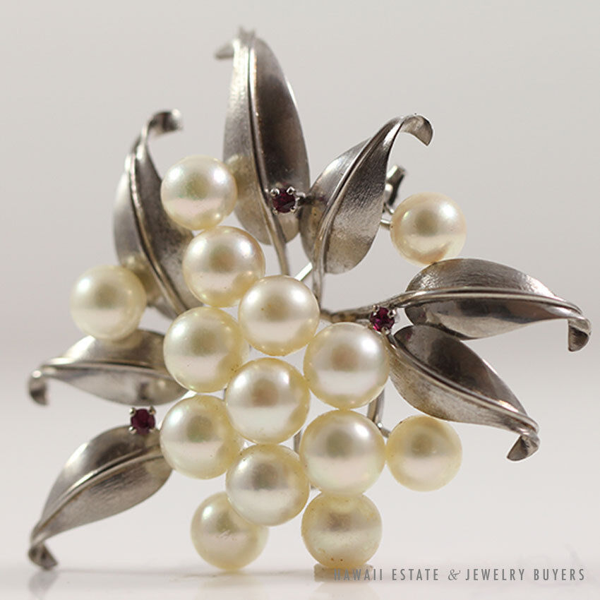 Cultured Pearl & Ruby Cluster Flower 14K White Gold Brooch - Image 2
