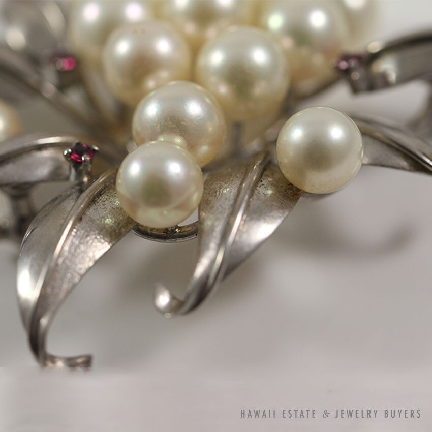 Cultured Pearl & Ruby Cluster Flower 14K White Gold Brooch - Image 9