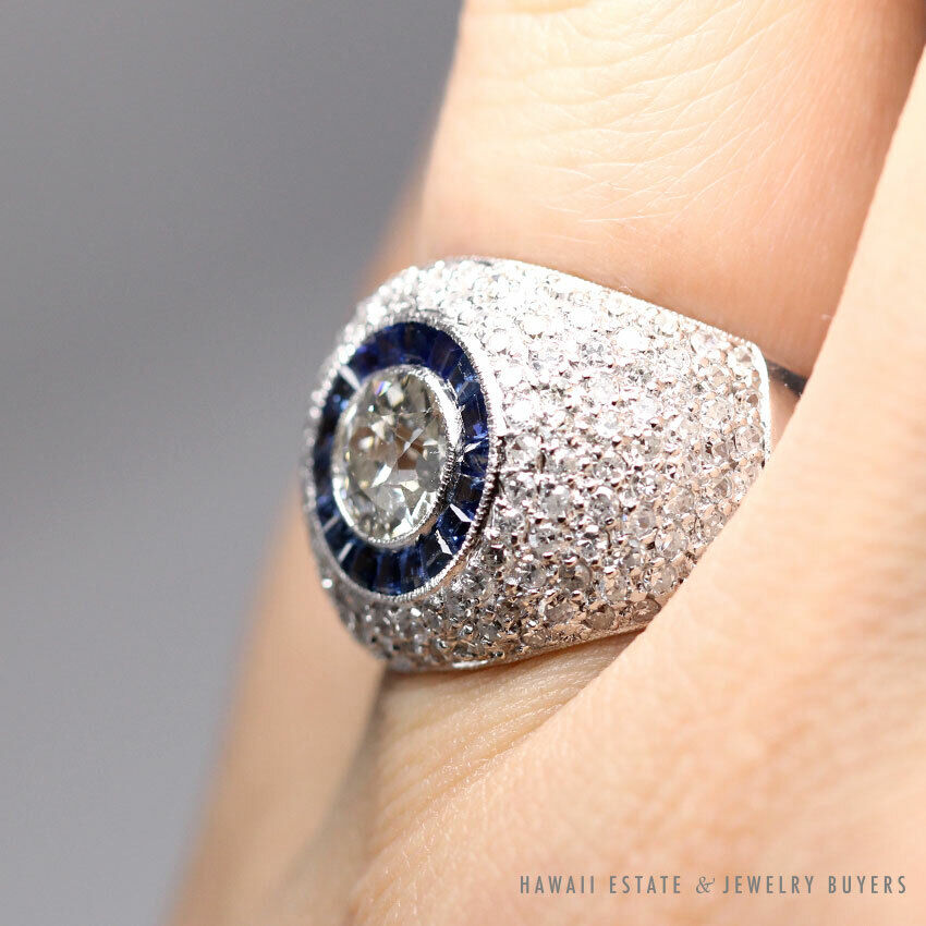 Estate 0.98ct European Diamond w/ Natural Sapphires & 1.50ctw Diamonds Setting Platinum Ring - Image 4