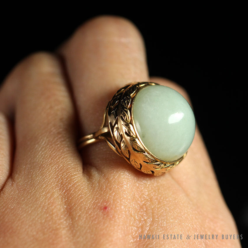 Ming's Hawaii Pale Green Jade Cabochon 14K Yellow Gold Bezel Dome Ring Size 5.5 - Image 9