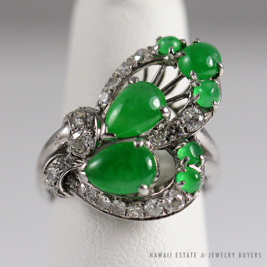GIA Certified Imperial Green Grade Type A Jadeite Jade 14K White Gold Ring Size 5.25 - Image 3