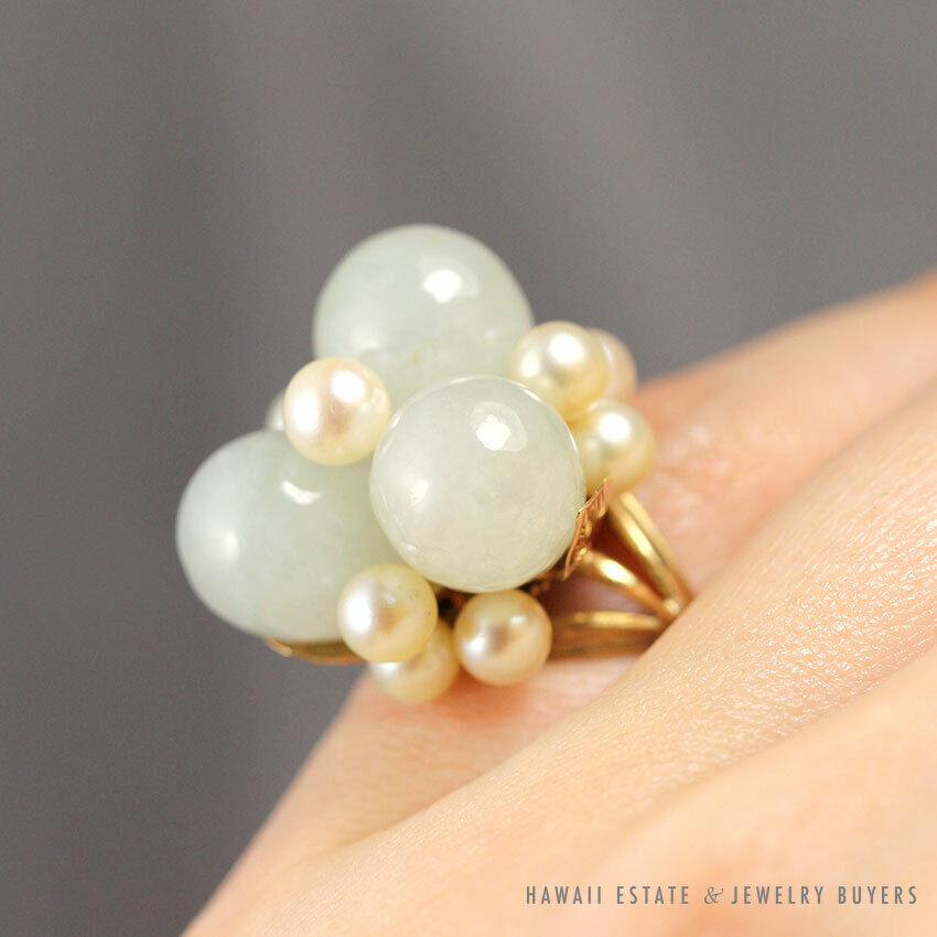 Pale Green Jade & Cultured Pearl 14K Yellow Gold Cluster Dome Ring Size 5 - Image 2
