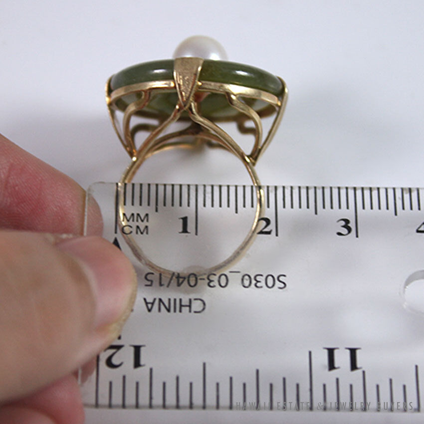 Ming's Hawaii Natural Green Jade Do-nut W/ Cultured Pearl 14K Yellow Gold Ring - Image 10