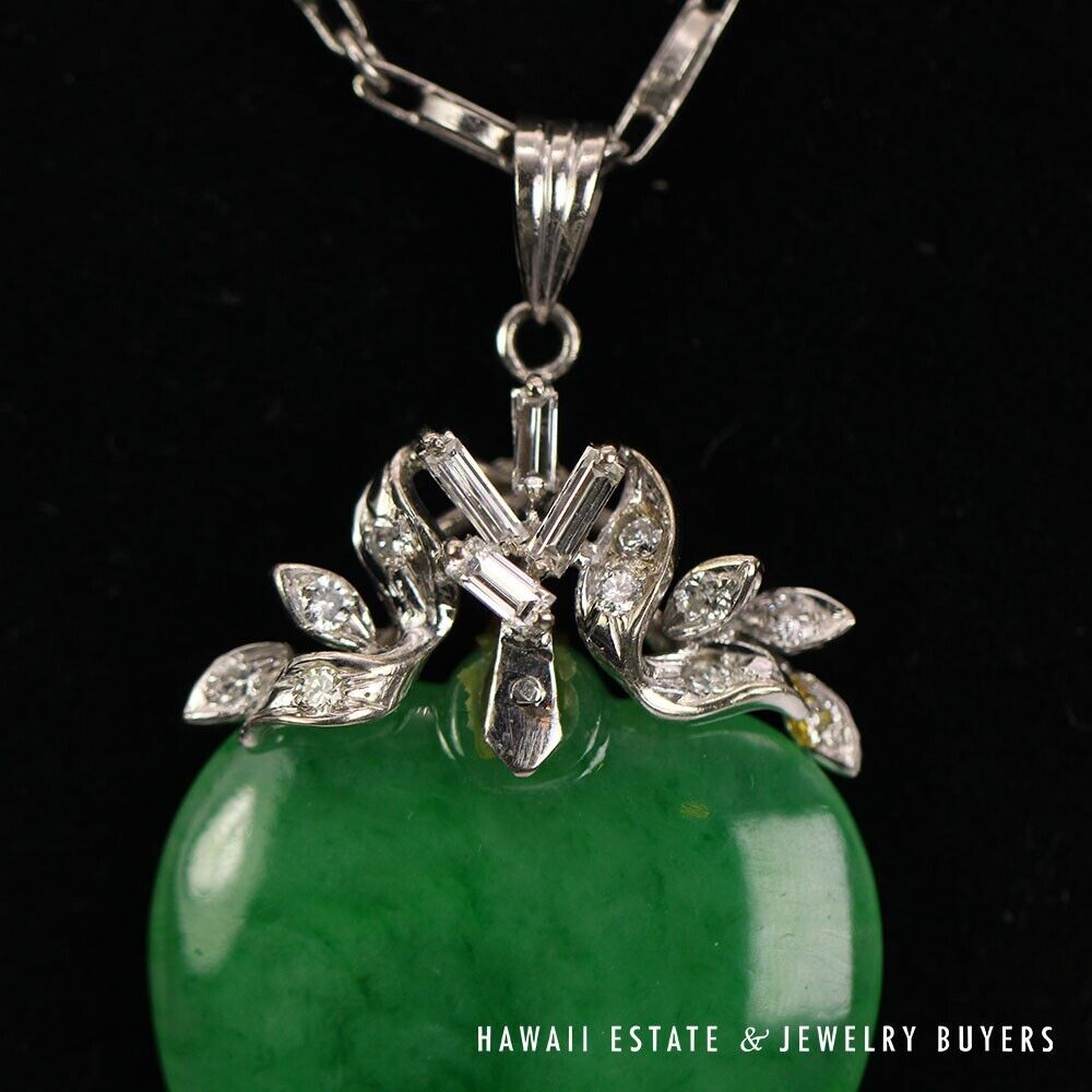 GIA Rare Apple Green Jade Shield 0.25ctw Diamond 18K White Gold Pendant Necklace - Image 2