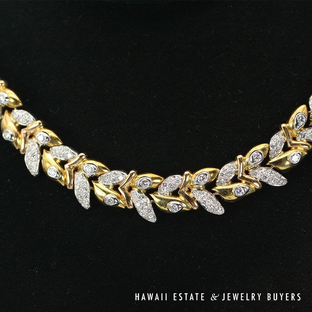 Diamond Pave Laurel Leaf 18K 20K Yellow Gold Necklace & Earrings Set - Image 2