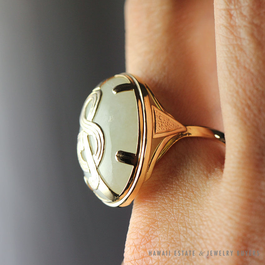 Ming's Hawaii Oval Jade Cabochon 14K Yellow Gold Ring Size 6.25 - Image 7