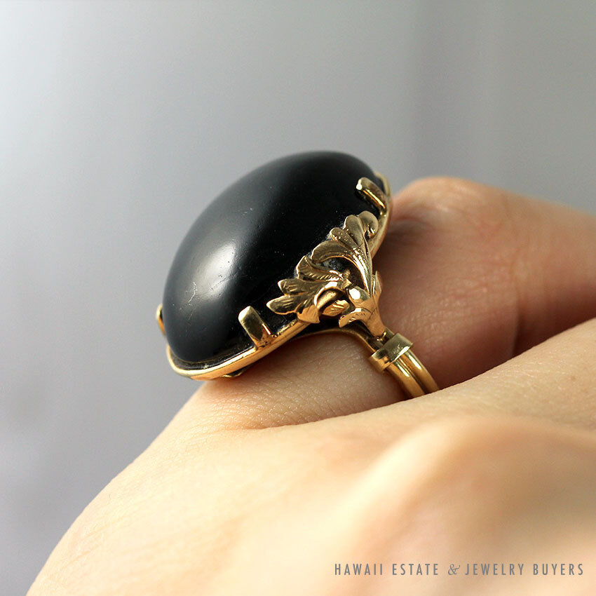 MING'S HAWAII BLACK CORAL 14K YELLOW GOLD EARRINGS & RING SIZE 5 - Image 5