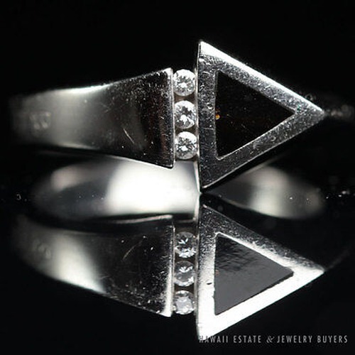 Bernard K. Passman Black Coral & Diamond Arrow 18K White Gold Ring Size 6.25