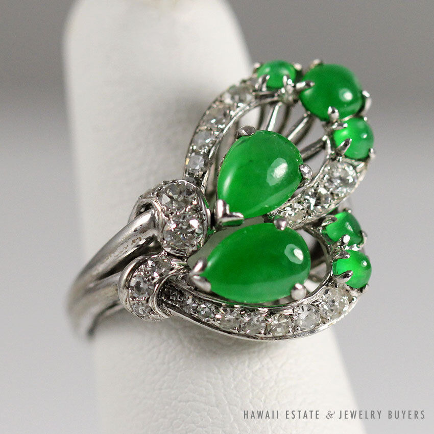 GIA Certified Imperial Green Grade Type A Jadeite Jade 14K White Gold Ring Size 5.25 - Image 4