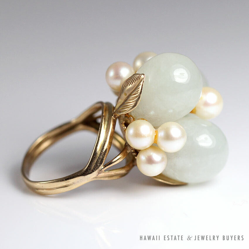 Pale Green Jade & Cultured Pearl 14K Yellow Gold Cluster Dome Ring Size 5 - Image 5