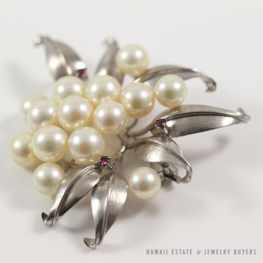 Cultured Pearl & Ruby Cluster Flower 14K White Gold Brooch - Image 5