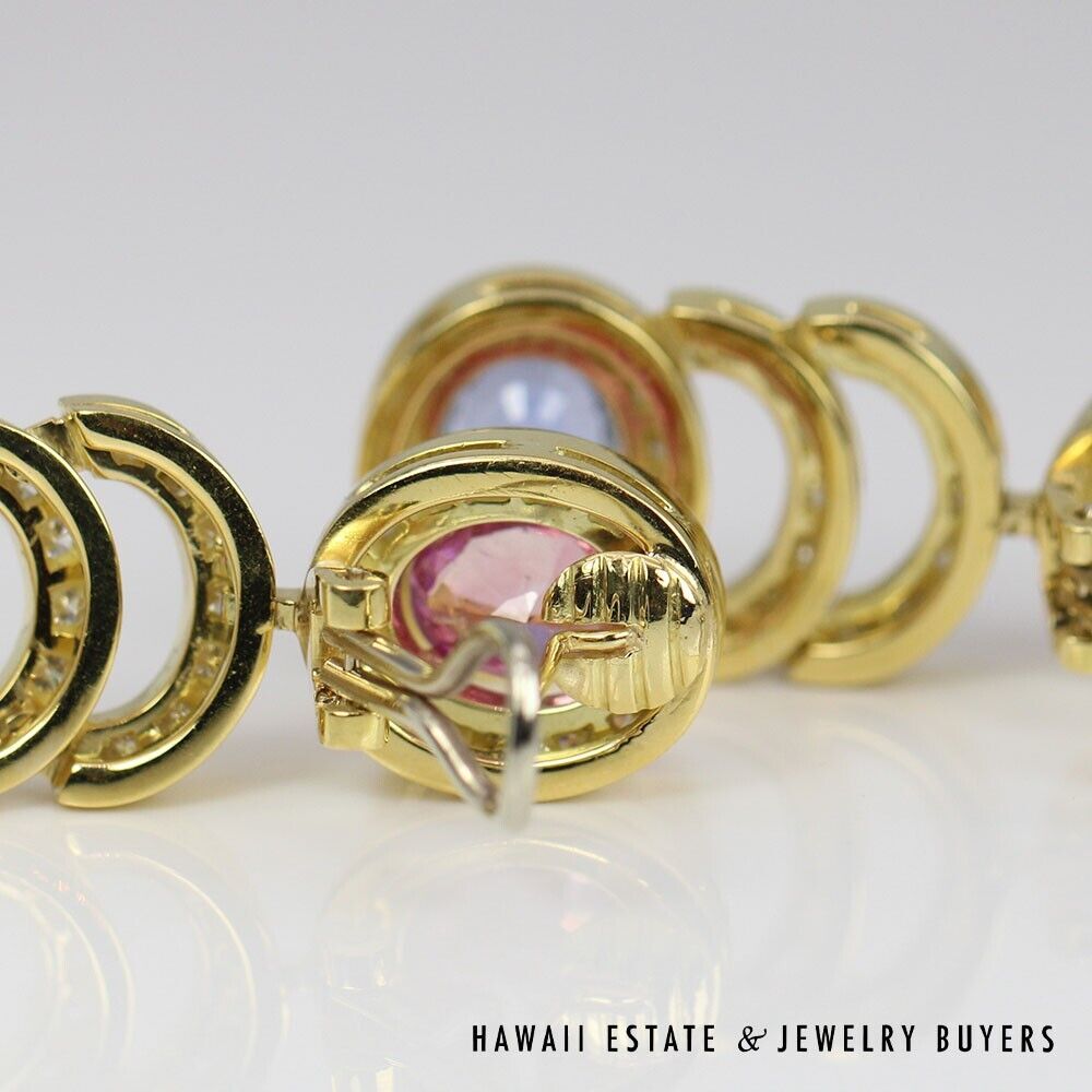Bernard Hurtig Oval Pink & Blue Sapphire Diamond Halo 18K Yellow Gold Earrings - Image 8
