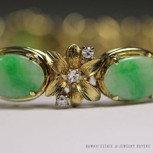 VINTAGE BURMESE JADEITE JADE & DIAMOND FLORAL 14K YELLOW GOLD BRACELET W/ GEMOLOGIST APPRAISAL - Image 2