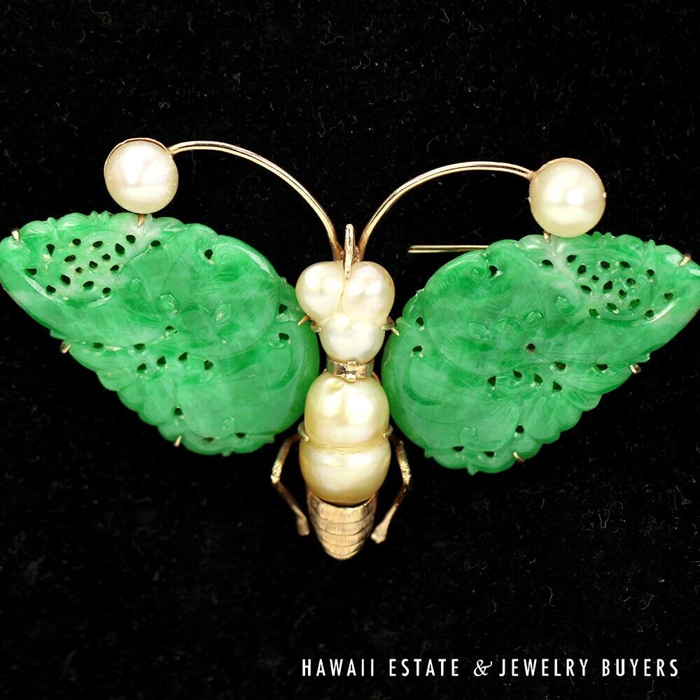 GIA Natural A Jadeite Jade Green Baroque Pearl Yellow Gold Butterfly Brooch Pin - Image 3