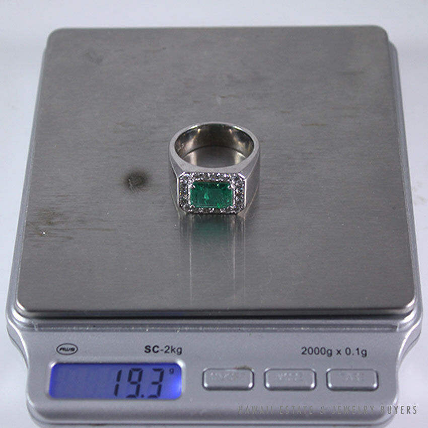 Octagonal Emerald & Diamond Halo 18K White Gold Men's Ring Size 10.5 - Image 12