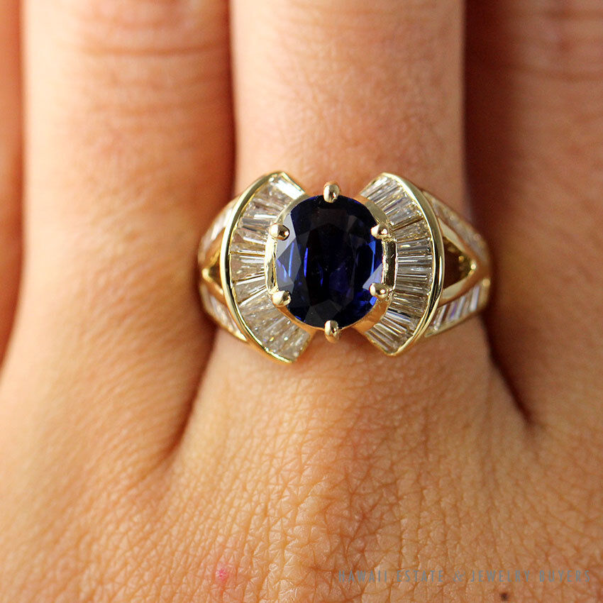 Le Vian Oval Blue Sapphire Baguette Diamond 18K Yellow Gold Ring Size 6.5 - Image 8