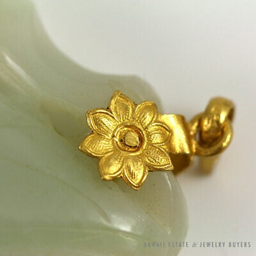 Chinese Carved Pale Green Jade Leaf & Fruit Pendant with Yellow Gold Floral Bail - Image 4