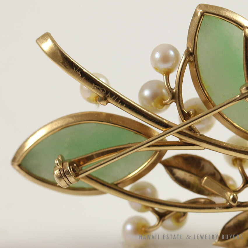 MING'S HAWAII JADE & PEARL EARRINGS NECKLACE BROOCH BRACELET COMPLETE SET W/ BOX - Image 7