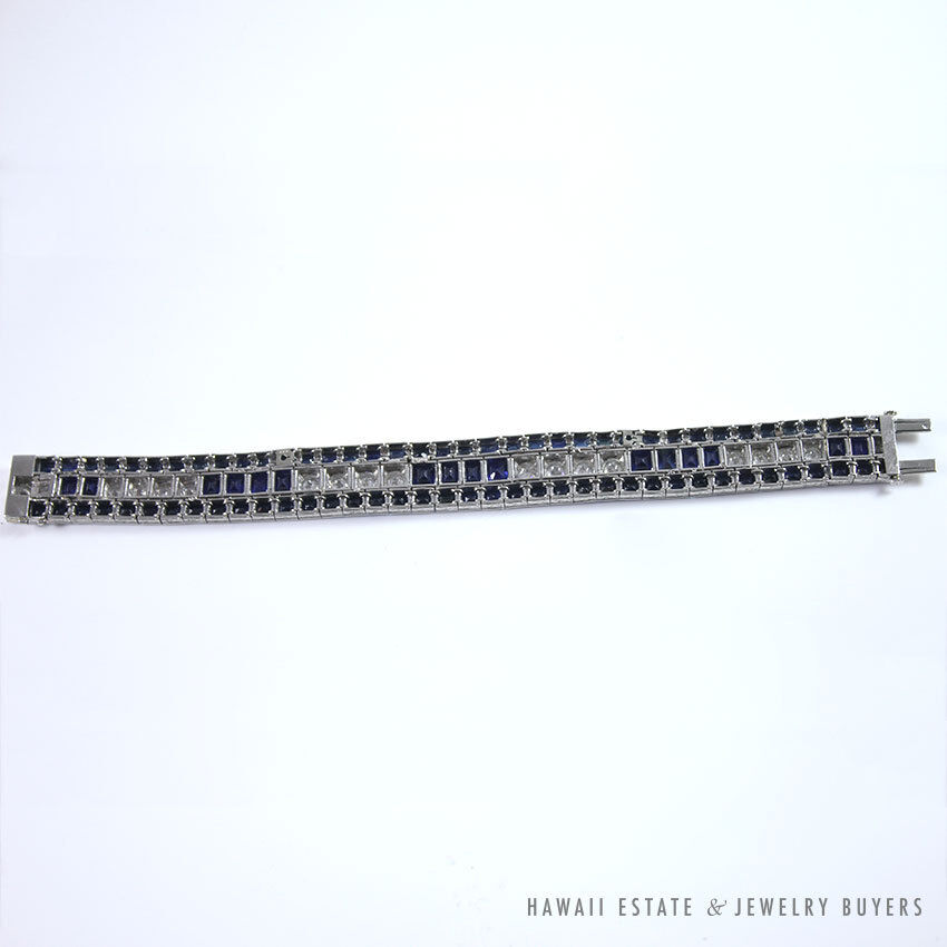 Art Deco Natural Sapphire & Old European Cut Diamond Platinum Bracelet 6.75 Inch - Image 5
