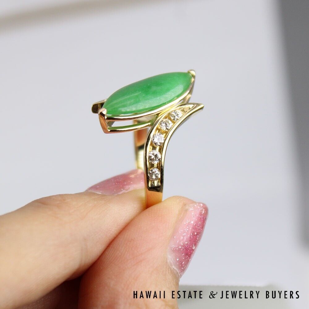 GIA Grade A Jadeite Jade Green Marquise 0.45CTW Diamond 14K Yellow Gold Ring - Image 8