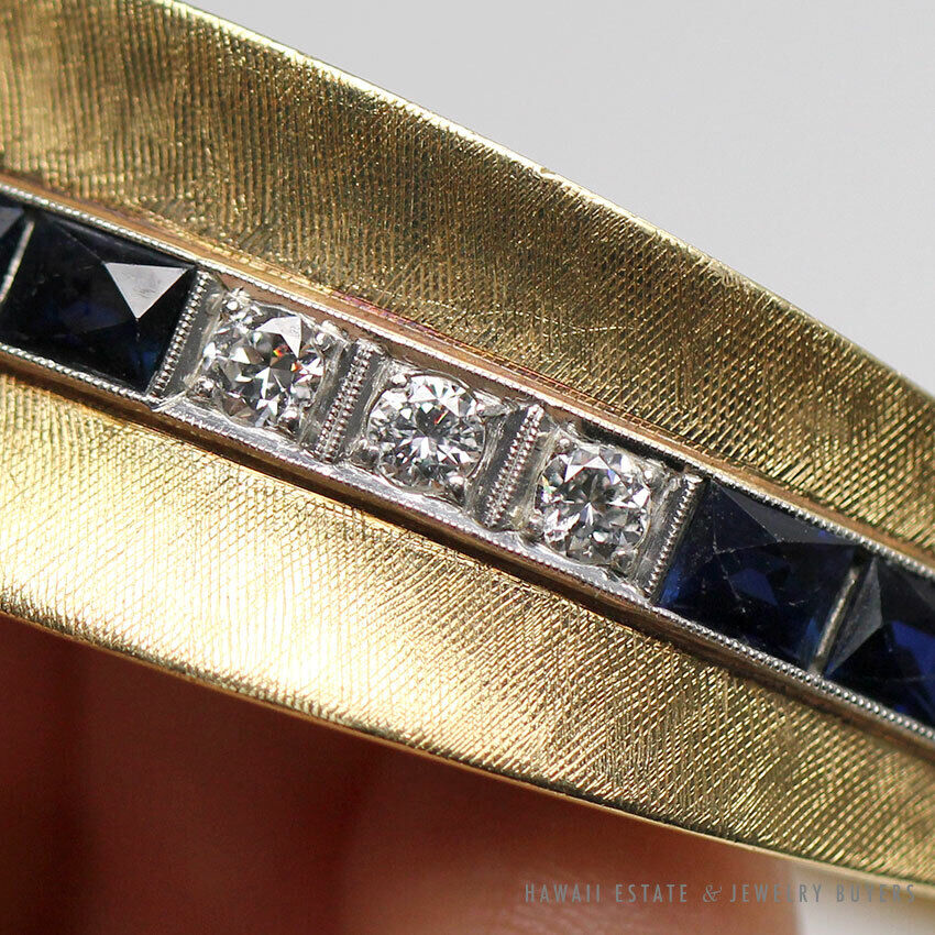 Natural Sapphire & Diamond 14K Yellow Gold & Platinum Hinged Bangle - Image 5