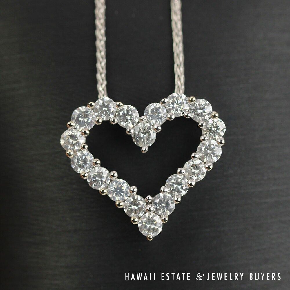 Diamond Open Heart 14K White Gold Pendant Wheat Chain Necklace 18 Inch
