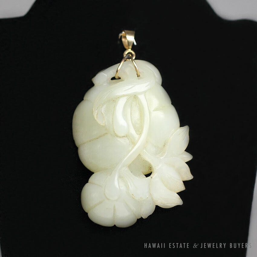 Carved Mutton Fat White Jade Openwork Pumpkins Pendant with 14K Yellow Gold Bail - Image 2