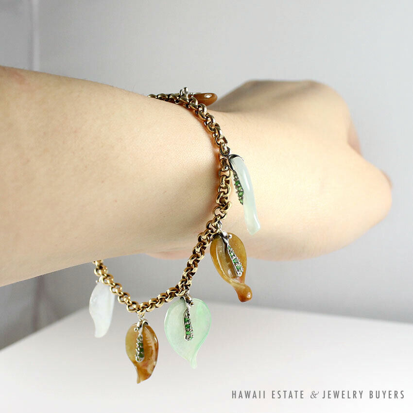 Carved Multi-Color Jade Leaf Charm 14K Yellow Gold Bracelet 7.5 Inch - Image 3