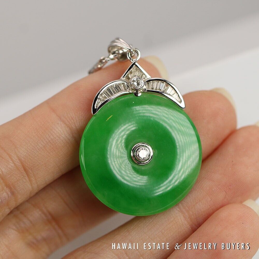 GIA Jade Apple Green Diamond 18k White Gold Donut 14K Pendant Necklace - Image 9