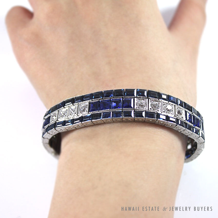 Art Deco Natural Sapphire & Old European Cut Diamond Platinum Bracelet 6.75 Inch - Image 8