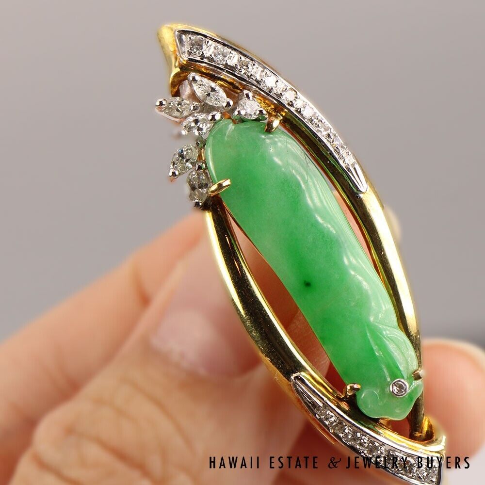 GIA Grade A Green NATURAL Jadeite Jade 0.66ctw Diamond 18K Yellow Gold Brooch - Image 10