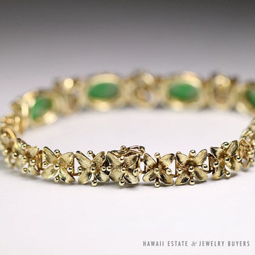 VINTAGE BURMESE JADEITE JADE & DIAMOND FLORAL 14K YELLOW GOLD BRACELET W/ GEMOLOGIST APPRAISAL - Image 4