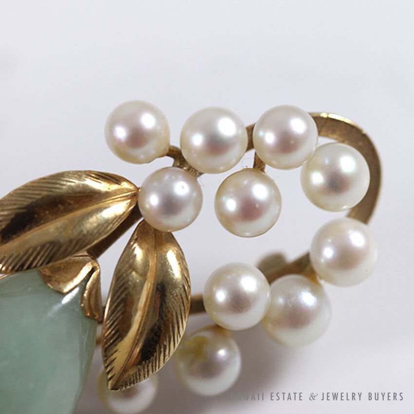 Ming's Hawaii Natural Green Jade & Cultured Pearl Floral Branch 14K Yellow Gold Brooch - Image 4