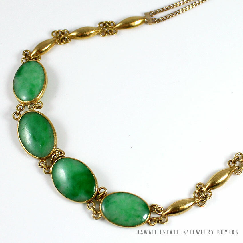Vintage Natural Apple Green Jade Cabochon 14K 22K Yellow Gold Necklace w/ Paper - Image 7