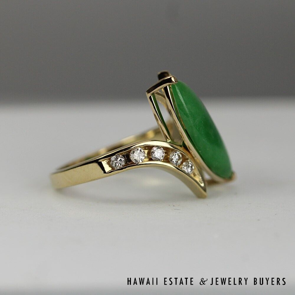 GIA Grade A Jadeite Jade Green Marquise 0.45CTW Diamond 14K Yellow Gold Ring - Image 3