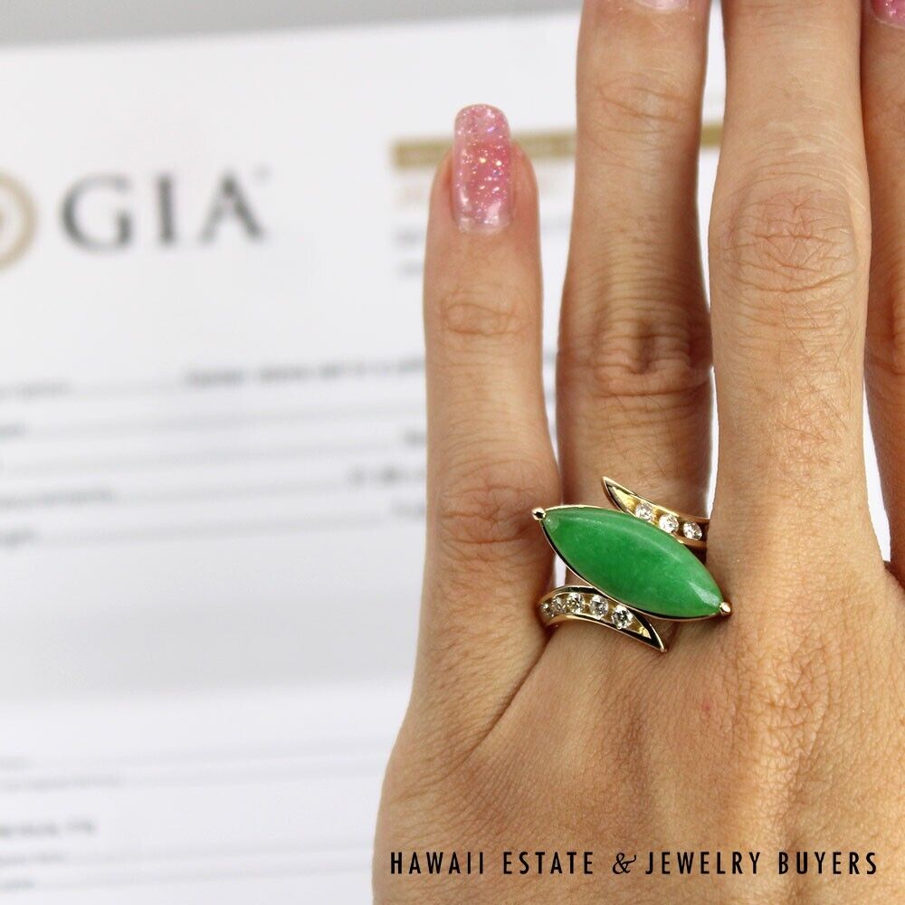 GIA Grade A Jadeite Jade Green Marquise 0.45CTW Diamond 14K Yellow Gold Ring - Image 6