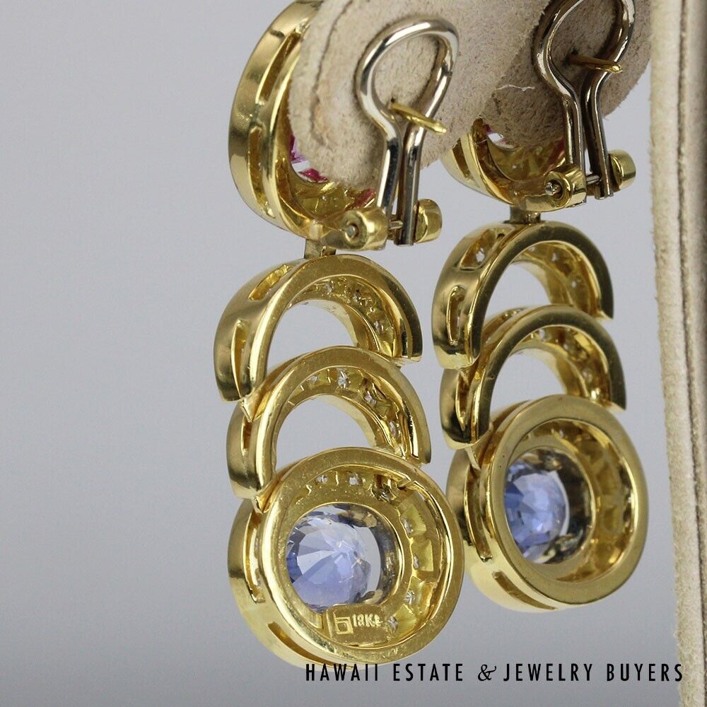 Bernard Hurtig Oval Pink & Blue Sapphire Diamond Halo 18K Yellow Gold Earrings - Image 5