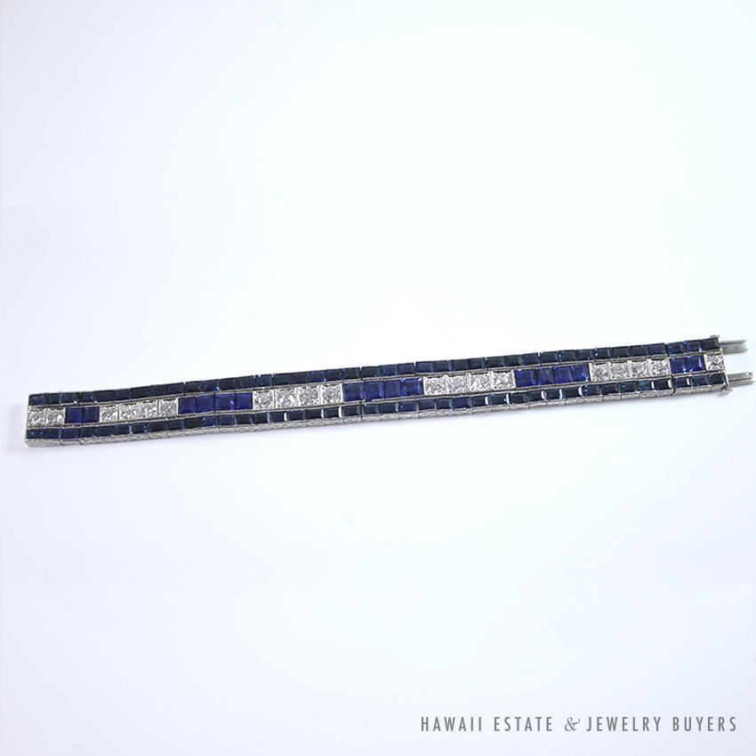 Art Deco Natural Sapphire & Old European Cut Diamond Platinum Bracelet 6.75 Inch - Image 6