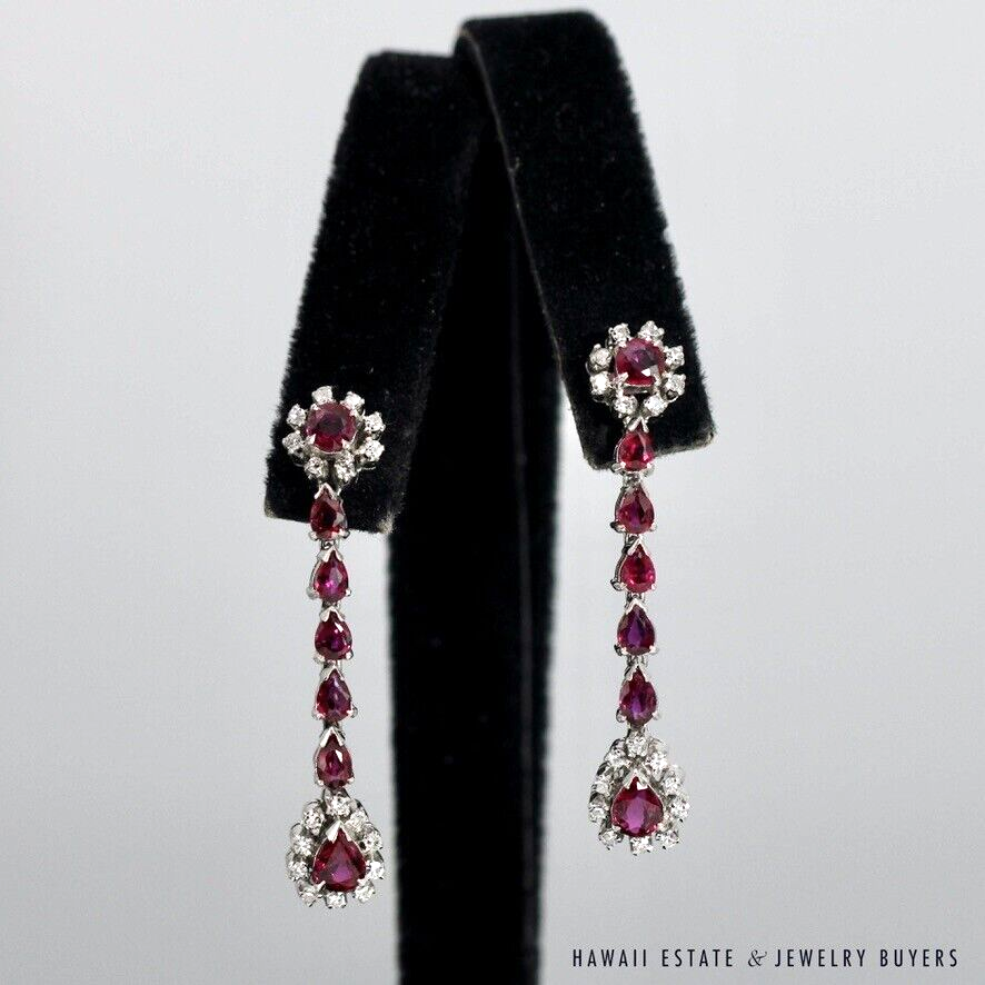 71.1g 14KWG 3.70ctw Pear Shaped Ruby & 0.36ctw Diamond Pierced Dangle Earrings - Image 4