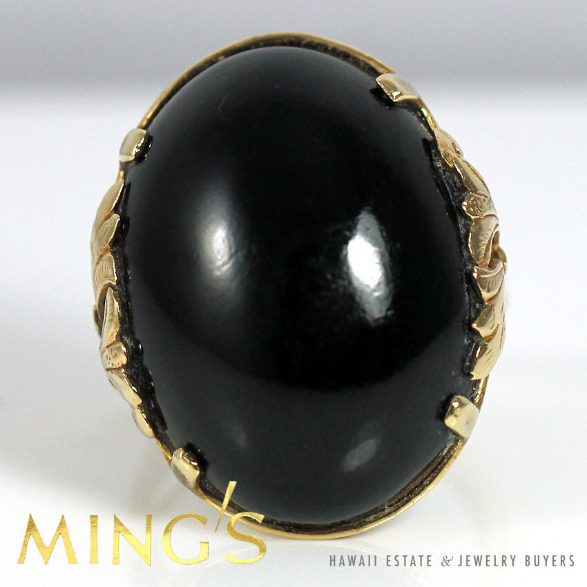 MING'S HAWAII BLACK CORAL 14K YELLOW GOLD EARRINGS & RING SIZE 5 - Image 6