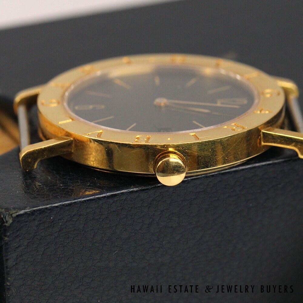 Side view of the watch case showing the crown and empty strap lugs.