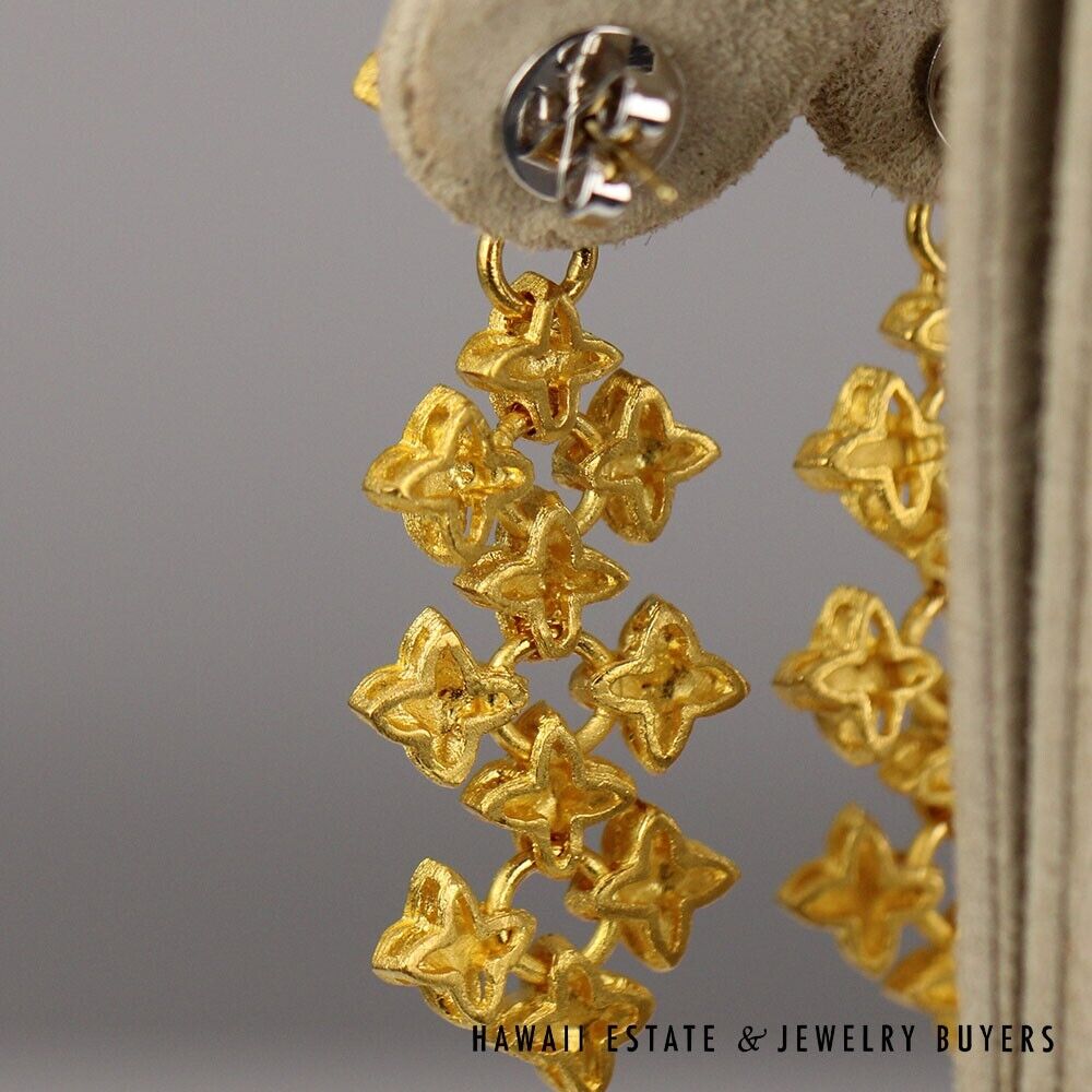 22K Yellow Gold Floral Dangle Post Back Earrings - Image 3