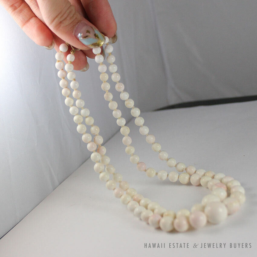 MING'S HAWAII ANGEL SKIN CORAL 11-4MM GRADUATED BEAD 14K WHITE GOLD SIGNED CHOKER NECKLACE 13" - Image 5